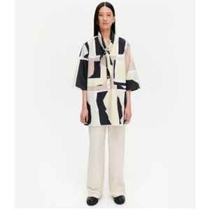 MARIMEKKO Geometric Print Linen Tie Neck Blouse Shirt